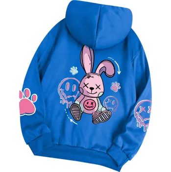 Dámská mikina Dámská mikina s kapucí a kapsami Jednobarevná mikina se vzorem králíka na zádech Měkký polyester Pohodlný volnočasový styl v různých barvách modrá XXL