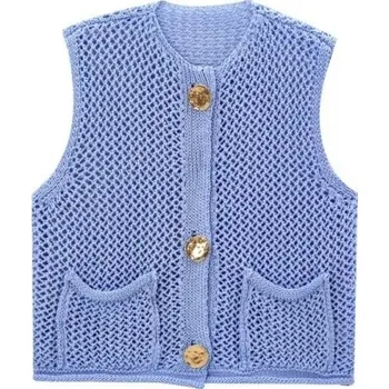 Dámská pletená vesta s výstřihem do V a kapsičkami Jednobarevná stylová vesta se zapínáním na knoflíky Pohodlný polyesterový svetr různých barev modrá L
