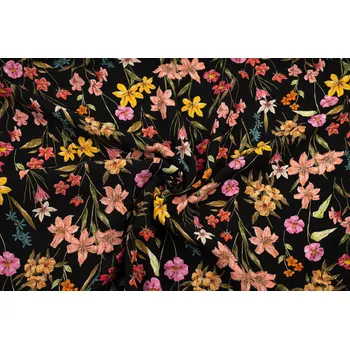 Viskózová tkanina barevné kytky na černé