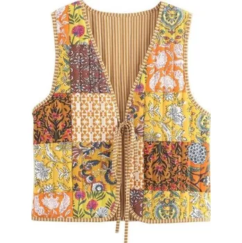 Dámská vesta Dámská žlutooranžová vesta se vzory a výstřihem do V Lehká vesta na zavazování s tkaničkou Stylová polyesterová vesta pro letní a podzimní outfit L