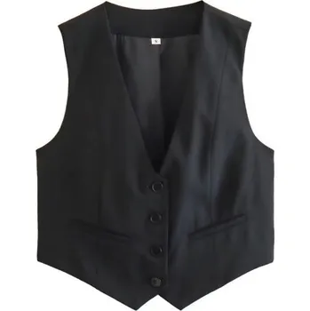 Dámská vesta Dámská elegantní jednobarevná vesta s výstřihem do V Zapínání na knoflíky Stylová polyesterová halenka bez rukávů Různé barvy černá L