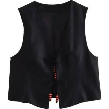 Dámská elegantní jednobarevná vesta s výstřihem do V Zapínání na tkaničky Stylová polyesterová vesta bez rukávů Různé barvy černá L