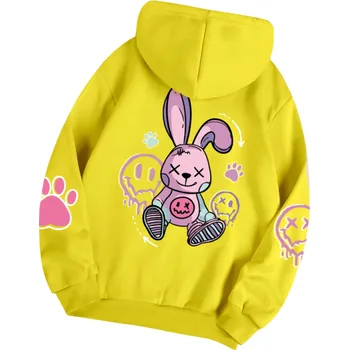 Dámské oblečení Dámská mikina s kapucí a kapsami Jednobarevná mikina se vzorem králíka na zádech Měkký polyester Pohodlný volnočasový styl v různých barvách žlutá XL