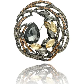 Brož Yvon Luxusní brož s kouřovými a zlatavými krystaly v kruhovém designu