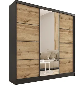 Šatní skříň Šatní skříň HARAZIA 180 se zrcadlem, 4 šuplíky a 2 šatními tyčemi, černý mat/dub wotan +možnost VÝNOSU + vyzvednutí ZDARMA