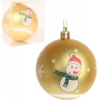 Vánoční dekorace Zlatá Vánoční Koule s motivem sněhuláka, plastová, 8 cm NA VÁNOČNÍ STROMEČEK DEKORACE