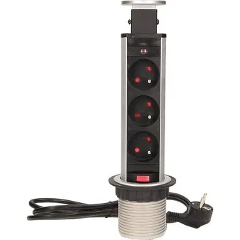 Elektrická zásuvka Design Light zásuvka elektro stolová výsuvná věž 60mm- 3x zásuvka + kabel stříbrná/ plast