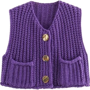 Dámská vesta Dámská elegantní pletená vesta s výstřihem do V a kapsičkami Jednobarevná vesta se zapínáním na knoflíky Pohodlný polyesterový svetr různých barev fialová L
