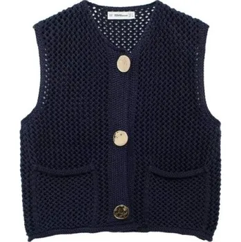Dámská vesta Dámská pletená vesta s výstřihem do V a kapsičkami Jednobarevná stylová vesta se zapínáním na knoflíky Pohodlný polyesterový svetr různých barev tmavě modrá L