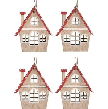 Vánoční dekorace Dřevěné domečky na zavěšení červené 5 x 6 cm, 4 ks