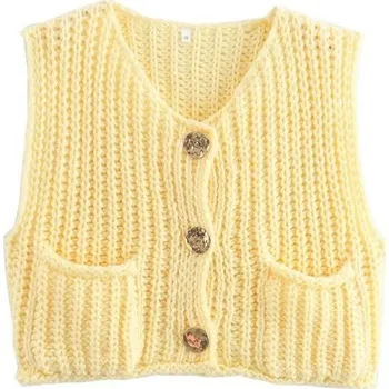 Dámská elegantní pletená vesta s výstřihem do V a kapsičkami Jednobarevná vesta se zapínáním na knoflíky Pohodlný polyesterový svetr různých barev žlutá L