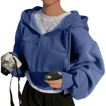 Dámská mikina Dámská mikina na zip s kapucí a kapsami Pohodlná jednobarevná mikina z měkkého polyesteru pro každodenní nošení a volný čas modrá M