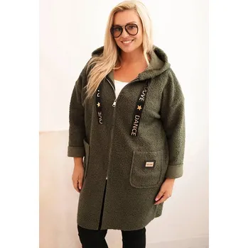 Fashionweek Dámský kabát Plus Size z umělého beránka s kapucí a kapsami K5275 Barva: Khaki, Velikost: PLUS SIZE