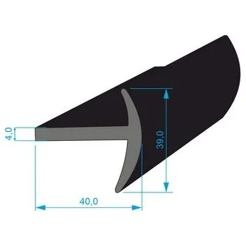 Těsnění do okna a dveří 3454 T Pryžový profil tvaru "T" 40x39/4mm, EPDM 70ShA, délka: 1700mm.