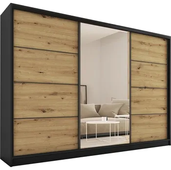 Šatní skříň Šatní skříň HARAZIA 250 se zrcadlem, 4 šuplíky a 2 šatními tyčemi, černý mat/dub artisan +možnost VÝNOSU + vyzvednutí ZDARMA
