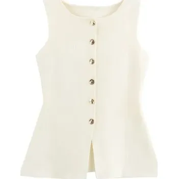 Dámská vesta Dámská elegantní béžová vesta s výstřihem do O Zapínání na knoflíky Jednobarevná stylová vesta z lehkého polyesteru pro každodenní nošení L