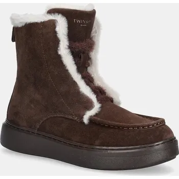 Dámské kozačky Semišové boty Twinset dámské, hnědá barva, na plochém podpatku, lehce zateplené, 252TGT01C 252TGT01C.00203 88X, EUR 39