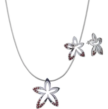 Souprava šperků Stříbrný set šperků 1253 s českým granátem, rhodiovaný - květina Zapínání: puzeta, Délka řetízku: 50 cm