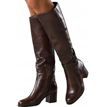 Dámské kozačky KOZAČKY Hnědé Dámské POHODLNÉ Zlatá Ozdoba Podpatek Sloupek KLASICKÉ vel. 37