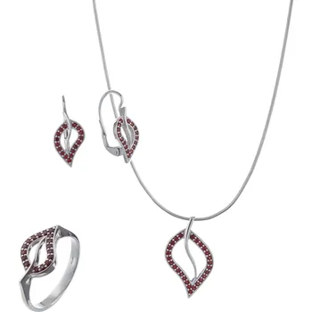 Souprava šperků Stříbrný set šperků 1401 s českým granátem, rhodiovaný - listek Velikost: 54, Zapínání: puzeta, Délka řetízku: 50 cm