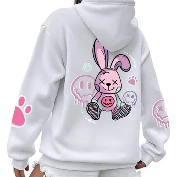Dámská mikina Dámská mikina s kapucí a kapsami Jednobarevná mikina se vzorem králíka na zádech Měkký polyester Pohodlný volnočasový styl v různých barvách bílá M