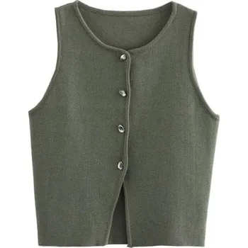 Dámská vesta Dámská elegantní jednobarevná vesta s kapsičkami na prsou Výstřih do O Zapínání na knoflíky Lehký polyesterový materiál Různé barvy zelená L