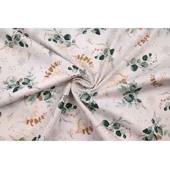 Bavlna režná vánoční eukalyptus s glitry na bílé