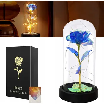 umělá květina Věčná růže s LED světýlky ve skleněné kupoli, modrá barva, 22 cm