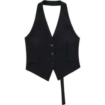 Dámská vesta Dámská elegantní jednobarevná vesta s výstřihem do V a kapsičkami Stylová polyesterová vesta s ramínky kolem krku a zavazováním na zádech černá XS