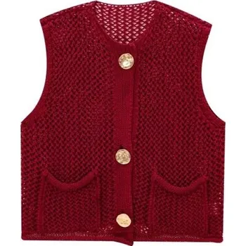 Dámská vesta Dámská pletená vesta s výstřihem do V a kapsičkami Jednobarevná stylová vesta se zapínáním na knoflíky Pohodlný polyesterový svetr různých barev červená L