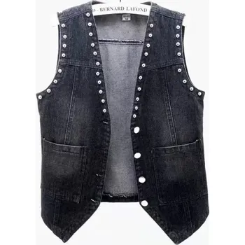 Dámská vesta Dámská černá džínová vesta s límečkem a zapínáním na knoflíky Elegantní stylová vesta z bavlny a polyesteru Univerzální moderní outfit XS