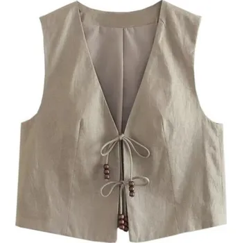 Dámská vesta Dámská elegantní jednobarevná vesta s výstřihem do V Zapínání na tkaničky Stylová polyesterová vesta bez rukávů Různé barvy khaki M