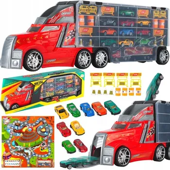 autíčko Žlutý náklaďák MalPlay s odpalovačem a 10 autíčky, sada s herní deskou