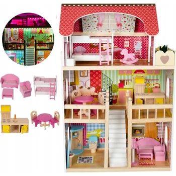 Domeček pro panenku MEGA VILA DOMEČEK PRO PANENKY Dřevěný XXL s Nábytkem, LED Osvětlením a Schůdky