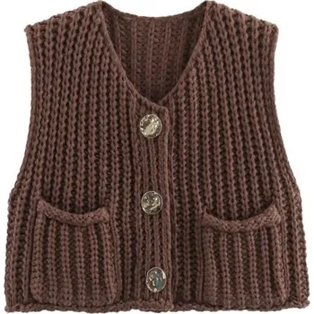Dámská vesta Dámská elegantní pletená vesta s výstřihem do V a kapsičkami Jednobarevná vesta se zapínáním na knoflíky Pohodlný polyesterový svetr různých barev hnědá S