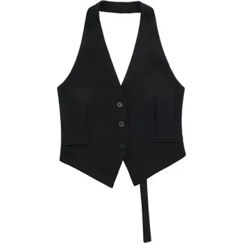 Dámská elegantní jednobarevná vesta s výstřihem do V a kapsičkami Stylová polyesterová vesta s ramínky kolem krku a zavazováním na zádech černá M