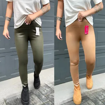 Dámské legíny Koženkové legíny COLOR - vyteplené Velikost: XL/XXL, Barva: Světle hnědá