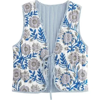 Dámská vesta Dámská bílá vesta s modrými vzory a výstřihem do V Stylová vesta na zavazování s tkaničkou Lehká elegantní vesta z polyesteru pro každodenní nošení L