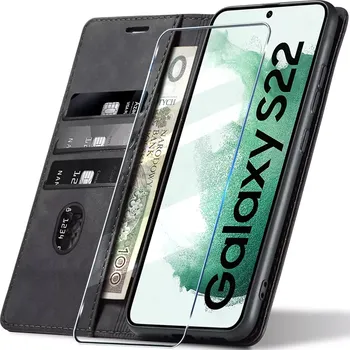 Pouzdro na mobilní telefon Samsung Galaxy S22 – Luxusní magnetické kožené flipové pouzdro s peněženkou a stojánkem, sheep skin (LEATHER / Z MĚKKÉ OVČÍ KŮŽE - Stylové magnetické flipové pouzdro z ekologické kůže pro Samsung Galaxy S22. Tři kapsy na karty, funkce stojánku a precizní 