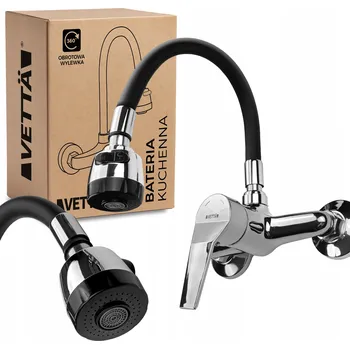 Vodovodní baterie Nástěnná kuchyňská baterie VETTÄ pro dřez, umyvadlo nebo vanu, černá/stříbrná