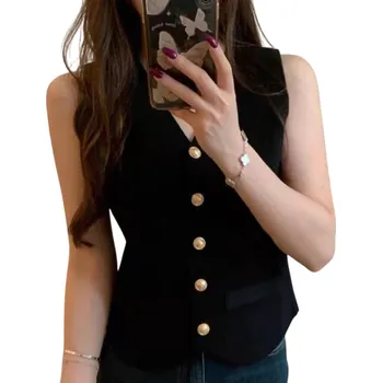 Dámská vesta Dámská jednobarevná vesta s výstřihem do V a kapsičkami Elegantní univerzální vesta se zapínáním na knoflíky z polyesteru v různých barvách černá