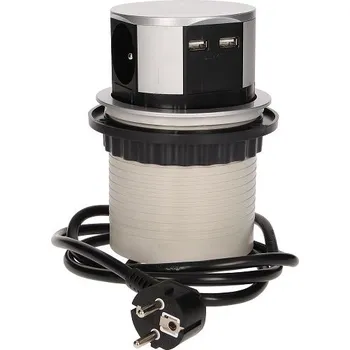 Elektrická zásuvka ORNO zásuvka elektro stolová výsuvná nízká 100mm- 3x zásuvka + 2x USB + kabel stříbrná/ plast