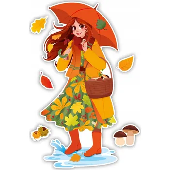 Obraz PODZIMNÍ DEKORACE NA NÁSTĚNKU - PANÍ PODZIM S DEŠTNÍKEM (VELKÁ) - LearnHow