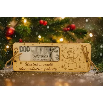 Obálka Dary dřeva Dřevěná vánoční obálka na peníze-sněhulák