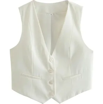 Dámská vesta Dámská elegantní jednobarevná vesta s výstřihem do V Zapínání na knoflíky Stylová polyesterová halenka bez rukávů Různé barvy bílá S