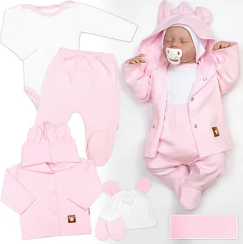 Kojenecký body Baby Nellys Žebrovaná sada, Star 5D, body, polodupačky, kabátek, čepička, rukavice - růžová, bílá Velikost: 74 (6-9m)