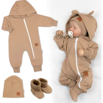 Dětská móda Baby Nellys Rostoucí teplákový overal pro miminko, čepice, botky, 3D, Nature - karamelová Velikost: 80/86 (12-18m)