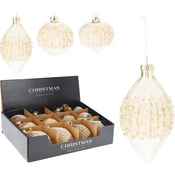 Vánoční ozdoba Koule sklo 80/80/120mm na stromeček, různé tvary s úpravou a zlatými korálky mix, žlutá, růžová