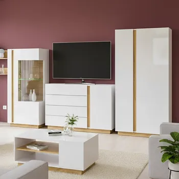Obývací stěna Obývací stěna ARCO se skříní | 4 díly | 307 cm + 100x60 cm | PUSH OPEN | bílá mat/lesk/dub grandson