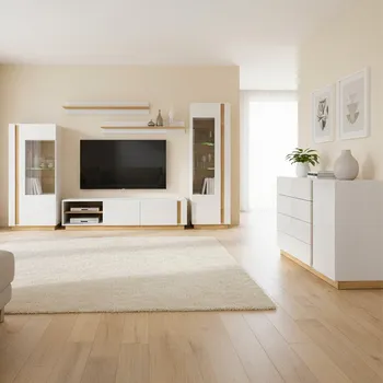 Obývací stěna Obývací stěna ARCO s komodou | 6 dílů | 319,5 cm + 138,2 cm | PUSH OPEN | bílá mat/lesk/dub grandson